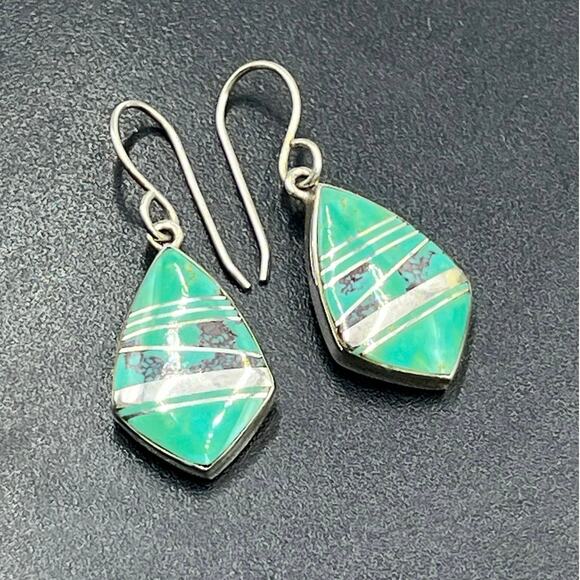E Webster Vintage Sterling Silver Turquoise Inlay Dangle Earrings USA Signed - Picture 3 of 10